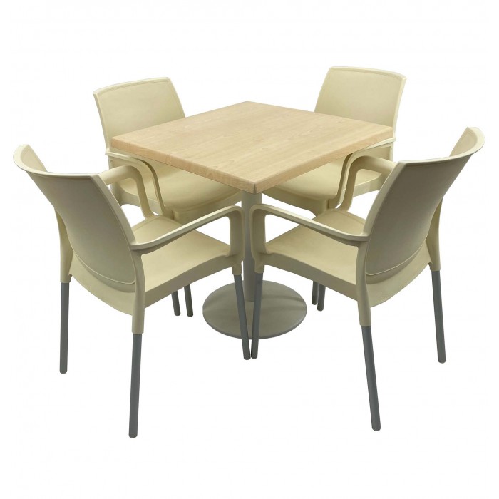 Set bistro de exterior, masa patrata 80x80cm RAKI MAPLE cu blat werzalit si baza metalica culoare alba si 4 scaune SUNSET crem
