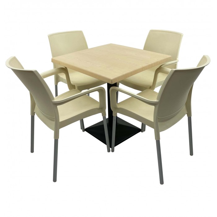 Set bistro de exterior, masa patrata 80x80cm RAKI MAPLE cu blat werzalit si baza metalica culoare neagra si 4 scaune SUNSET crem