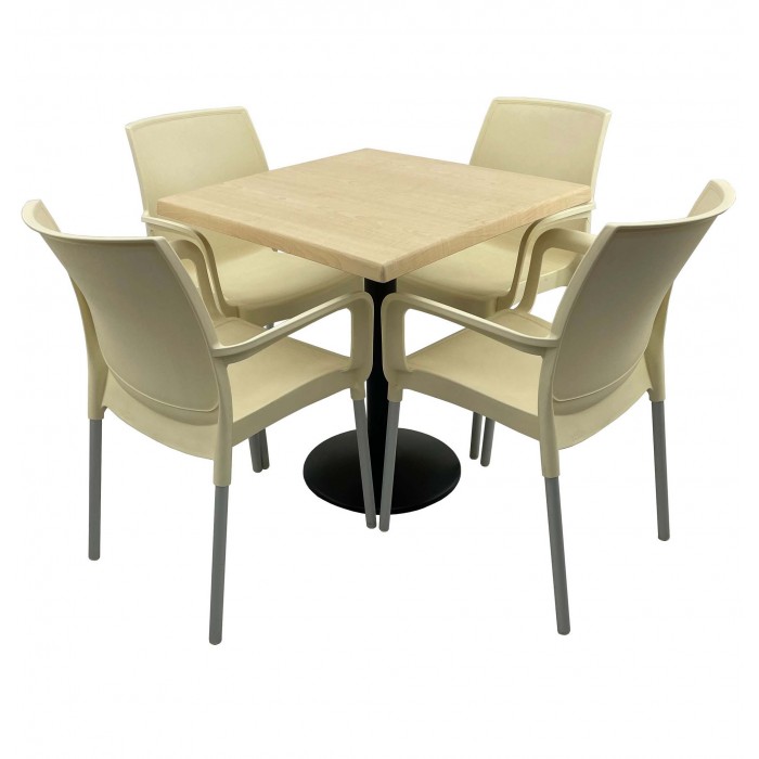 Set bistro de exterior, masa patrata 80x80cm RAKI MAPLE cu blat werzalit si baza metalica neagra si 4 scaune SUNSET crem