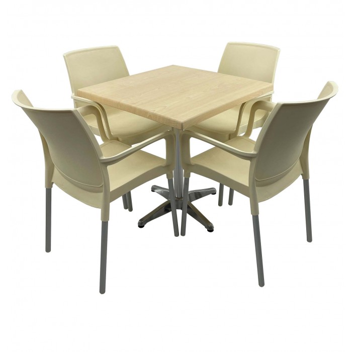 Set bistro de exterior, masa patrata 80x80cm RAKI MAPLE cu blat werzalit si picior aluminiu si 4 scaune SUNSET crem