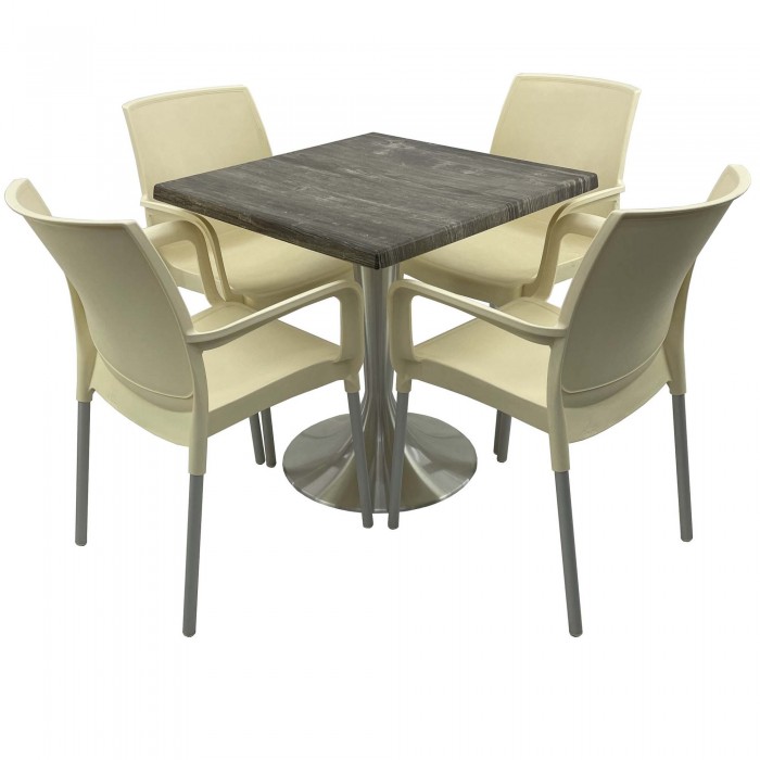 Set bistro de exterior, masa patrata 80x80cm Raki Old Pine cu blat werzalit si baza din aluminiu, 4 scaune SUNSET crem