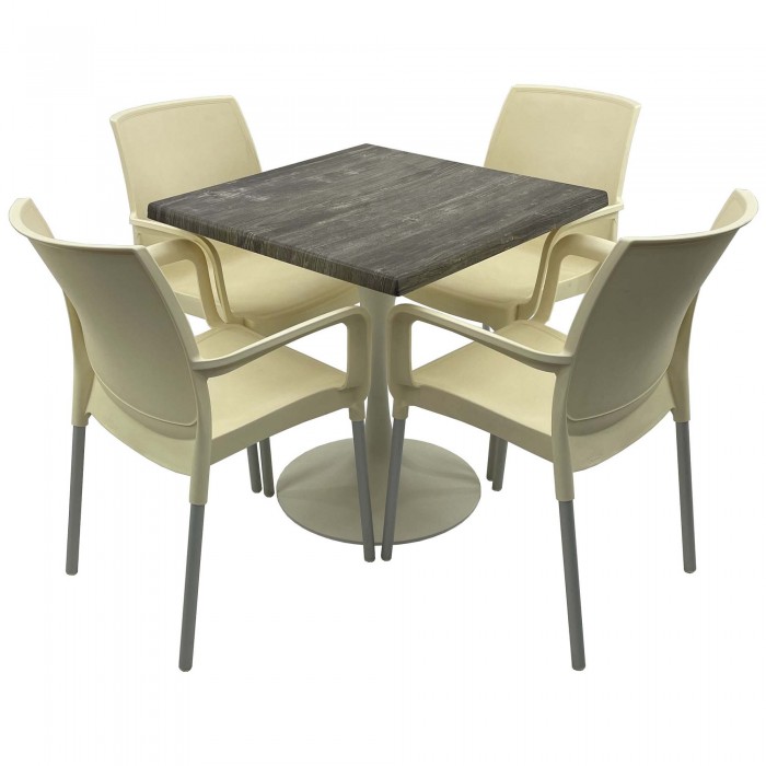 Set bistro de exterior, masa patrata 80x80cm Raki Old Pine cu blat werzalit si baza metalica alba, 4 scaune SUNSET crem