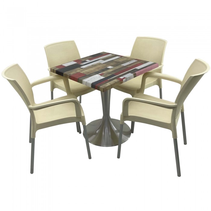 Set bistro de exterior, masa patrata 80x80cm Raki Redden Wood cu blat werzalit si baza din aluminiu, 4 scaune SUNSET crem