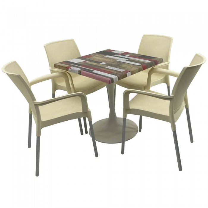 Set bistro de exterior, masa patrata 80x80cm Raki Redden Wood cu blat werzalit si baza metalica alba, 4 scaune SUNSET crem