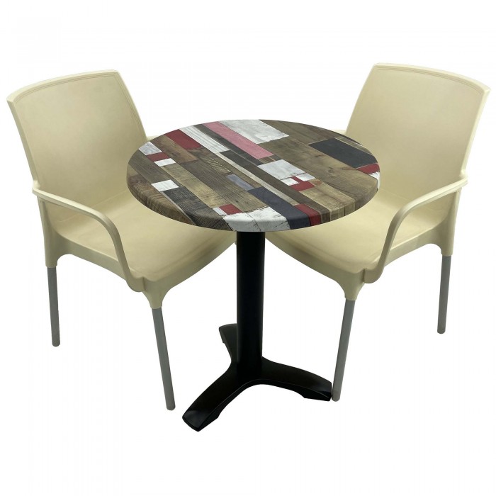 Set bistro de exterior, masa rotunda D60cm Raki Redden Wood cu blat werzalit si picior metalic negru, 2 scaune SUNSET crem