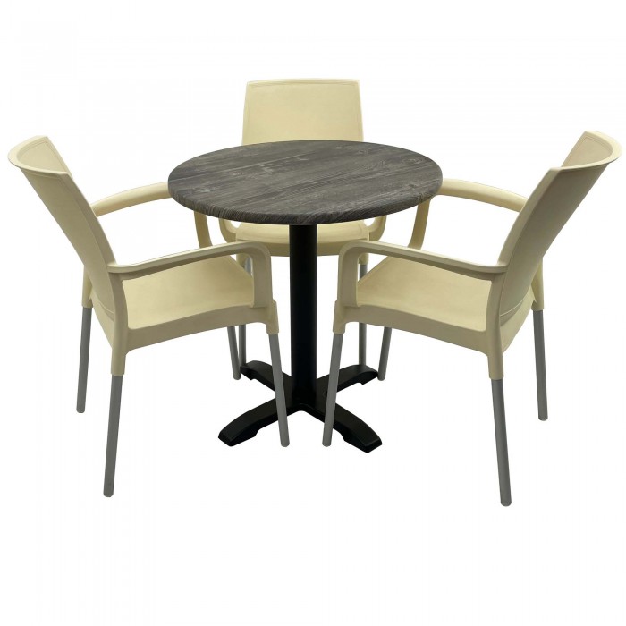 Set bistro de exterior, masa rotunda D70cm Raki Old Pine cu blat werzalit si baza metalica, 3 scaune SUNSET crem