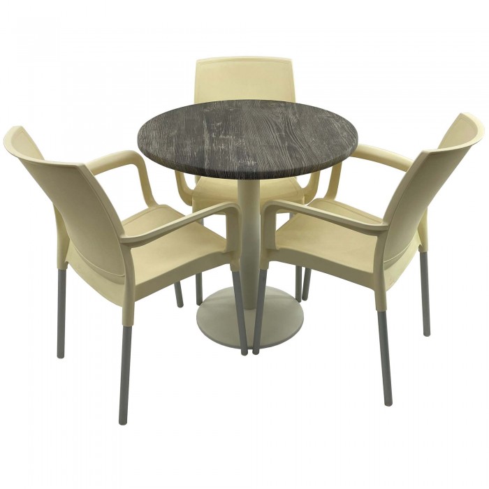 Set bistro de exterior, masa rotunda D70cm Raki Old Pine cu blat werzalit si baza metalica culoare alba, 3 scaune SUNSET crem