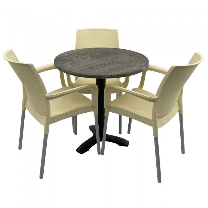Set bistro de exterior, masa rotunda D70cm Raki Old Pine cu blat werzalit si picior metalic negru, 3 scaune SUNSET crem