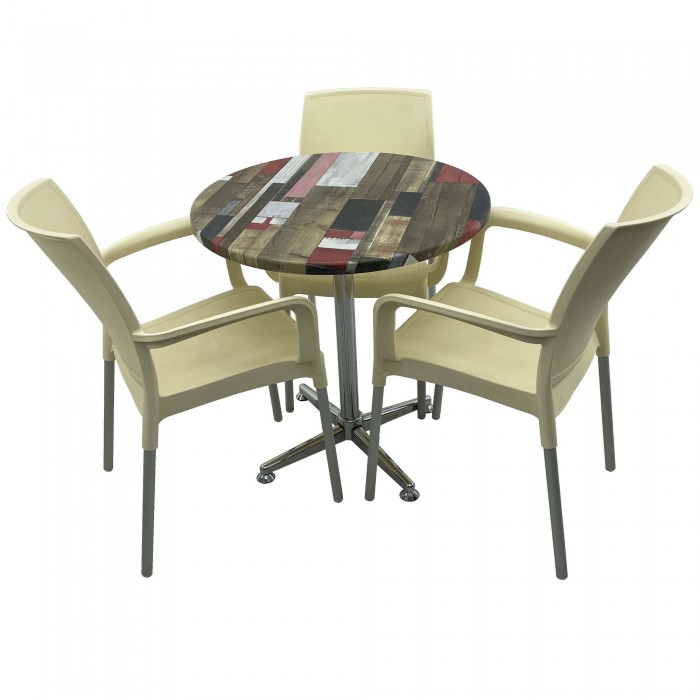Set bistro de exterior, masa rotunda D70cm Raki Redden Wood cu blat werzalit si baza clasica, 3 scaune SUNSET crem