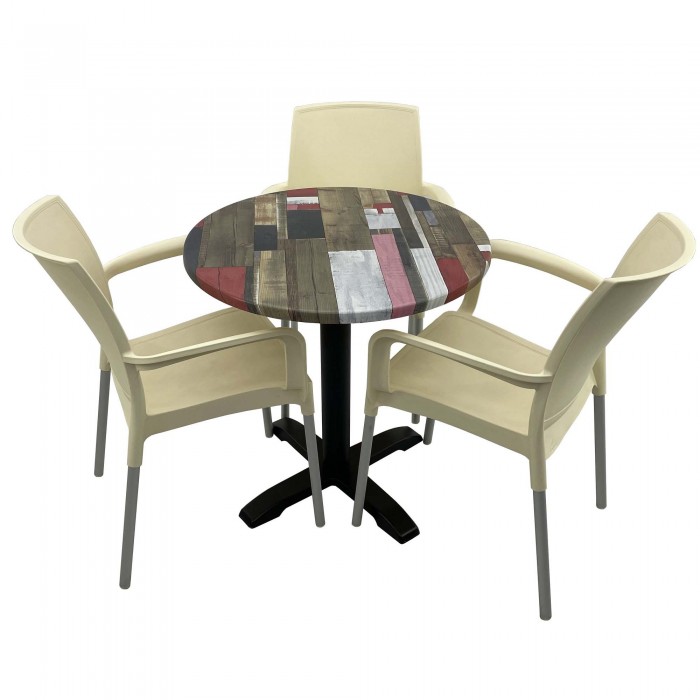 Set bistro de exterior, masa rotunda D70cm Raki Redden Wood cu blat werzalit si baza metalica, 3 scaune SUNSET crem