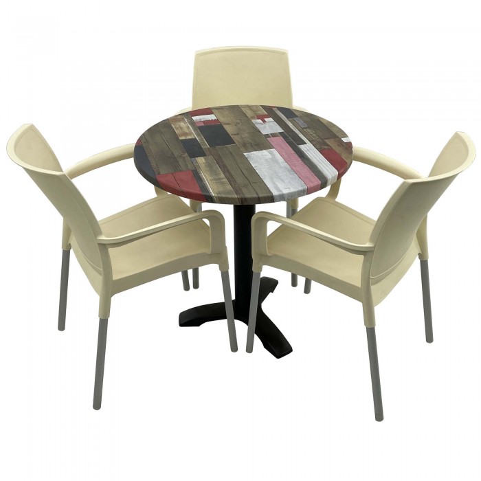 Set bistro de exterior, masa rotunda D70cm Raki Redden Wood cu blat werzalit si picior metalic negru, 3 scaune SUNSET crem