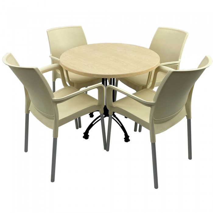Set bistro de exterior, masa rotunda D80cm RAKI MAPLE cu blat werzalit si baza aluminiu retro si 4 scaune SUNSET crem