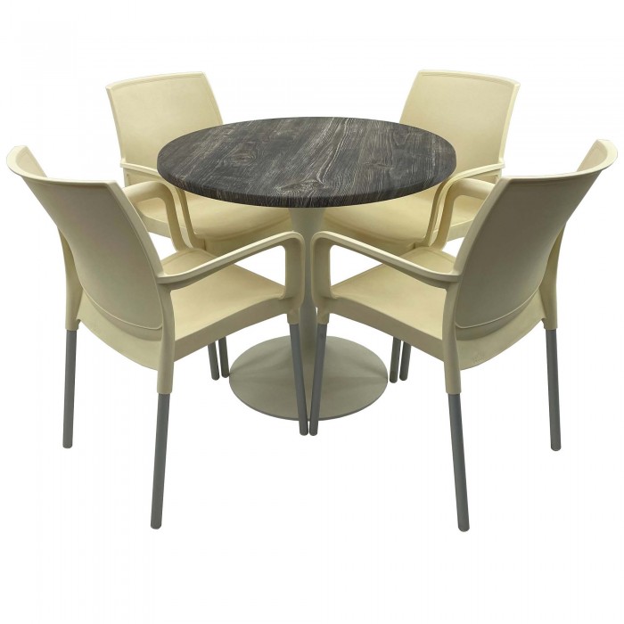 Set bistro de exterior, masa rotunda D80cm Raki Old Pine cu blat werzalit si baza metalica alba, 4 scaune SUNSET crem