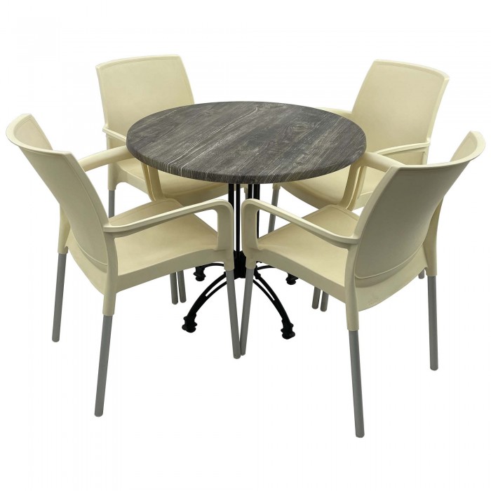 Set bistro de exterior, masa rotunda D80cm Raki Old Pine cu blat werzalit si baza retro neagra, 4 scaune SUNSET crem