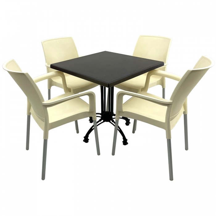 Set bistro de exterior RAKI, masa patrata 70x70cm cu blat Werzalit New Wenge si baza aluminiu retro neagra, 4 scaune Sunset crem