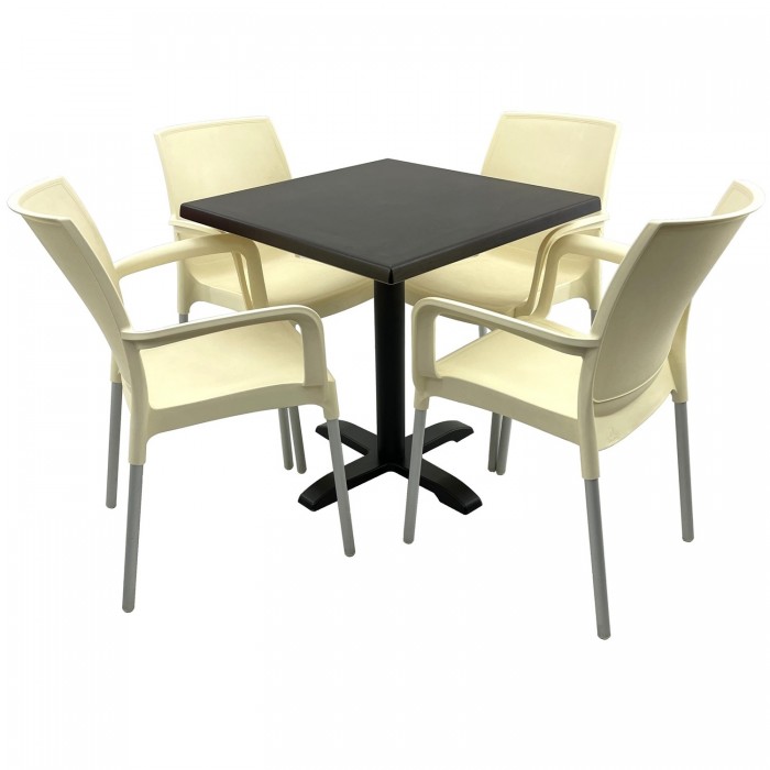 Set bistro de exterior RAKI, masa patrata 80x80cm cu blat Werzalit New Wenge si picior din metal negru, 4 scaune Sunset crem