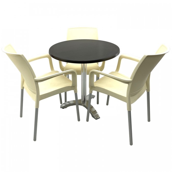 Set bistro de exterior RAKI, masa rotunda D70cm cu blat Werzalit New Wenge si picior aluminiu, 3 scaune Sunset crem