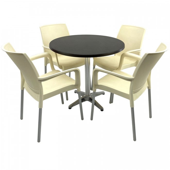 Set bistro de exterior RAKI, masa rotunda D80cm cu blat Werzalit New Wenge si baza aluminiu, 4 scaune Sunset crem