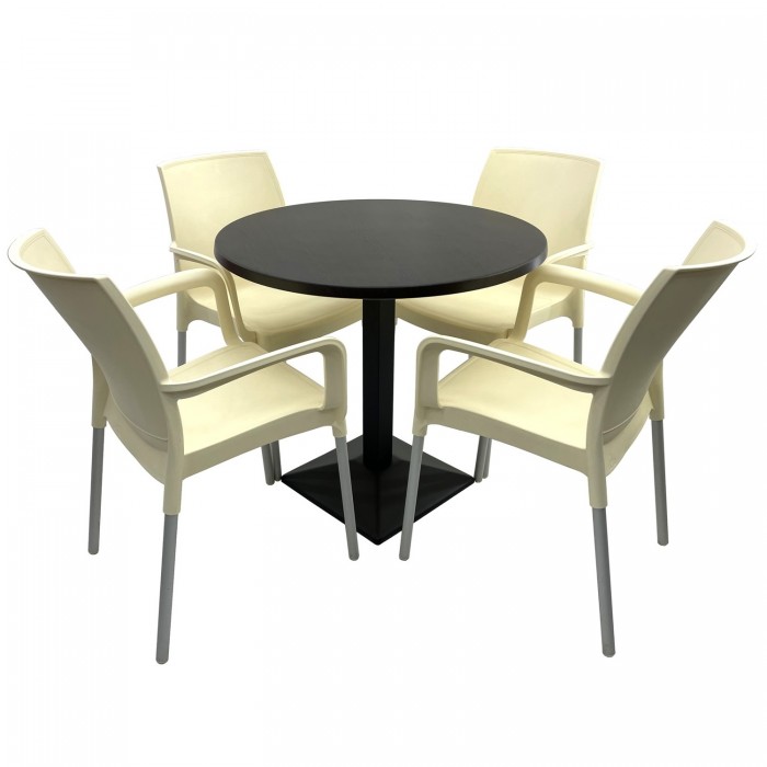 Set bistro de exterior RAKI, masa rotunda D80cm cu blat Werzalit New Wenge si baza din metal neagra, 4 scaune Sunset crem