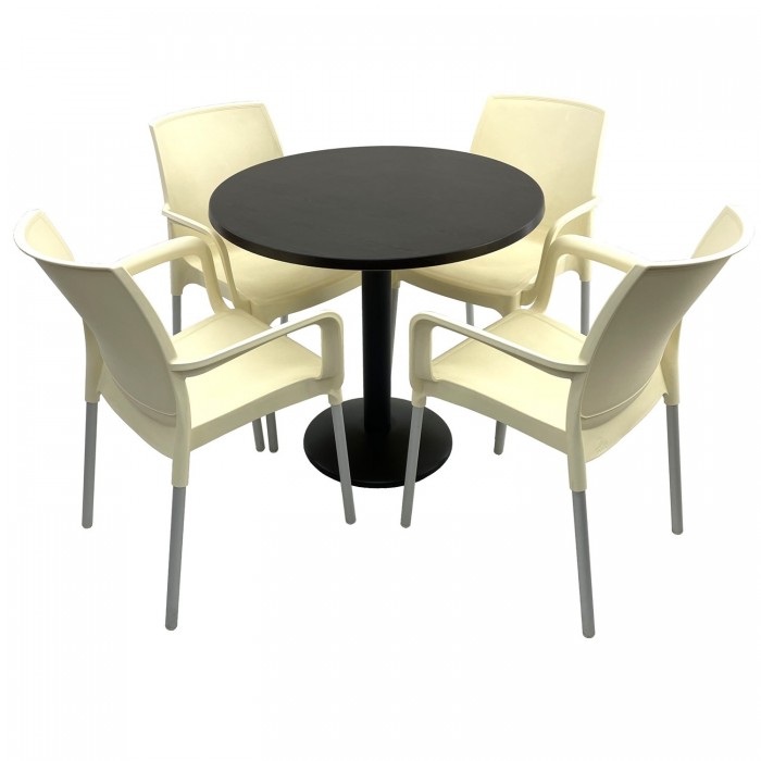 Set bistro de exterior RAKI, masa rotunda D80cm cu blat Werzalit New Wenge si baza metalica neagra, 4 scaune Sunset crem