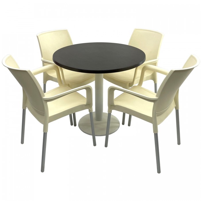 Set bistro de exterior RAKI, masa rotunda D80cm cu blat Werzalit New Wenge si picior metalic alb, 4 scaune Sunset crem
