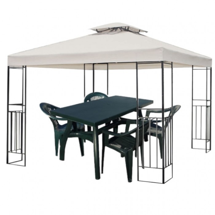 Set cort gradina 3x3m CULINARO cadru otel cu picioare coltar si acoperis bej, masa 140x80xh73cm si 4 scaune 53x45xh78cm plastic verde