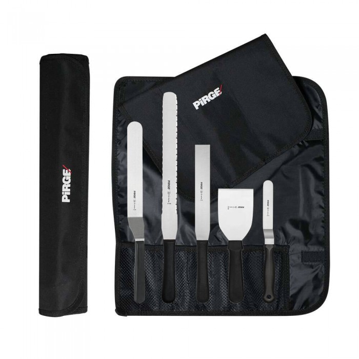 Set cutite si spatule patiserie 5 piese + husa PIRGE CREME, inox cu manere plastic negru