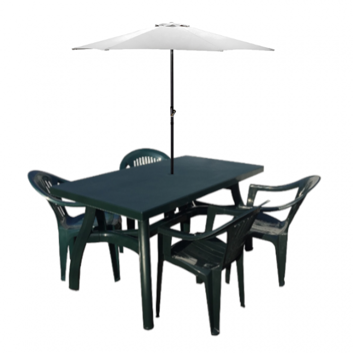 Set gradina CULINARO, masa 140x80xh73cm cu 4 scaune 53x45xh78cm plastic verde si umbrela soare alba D300cm