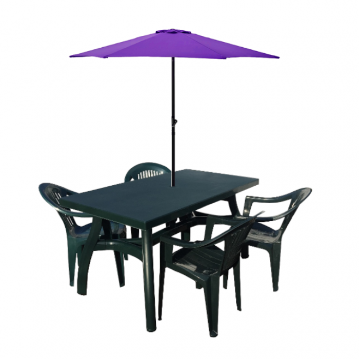 Set gradina CULINARO, masa 140x80xh73cm cu 4 scaune 53x45xh78cm plastic verde si umbrela soare mov D300cm