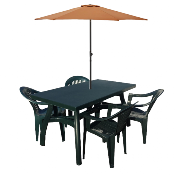 Set gradina CULINARO, masa 140x80xh73cm cu 4 scaune 53x45xh78cm plastic verde si umbrela soare orange D300cm