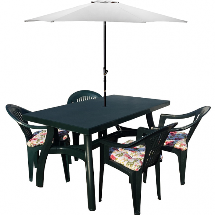 Set gradina CULINARO, masa 140x80xh73cm cu 4 scaune 53x45xh78cm plastic verde, umbrela soare alba D250cm, 4 perne scaun