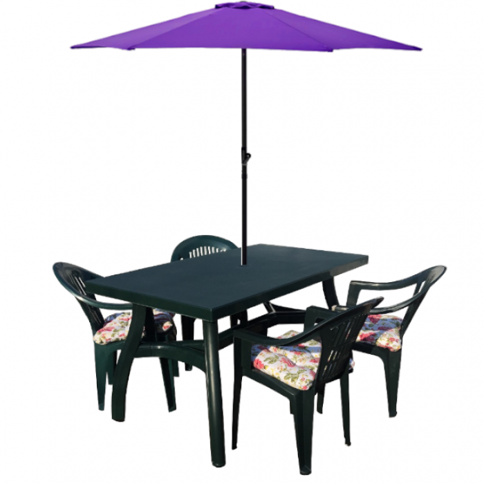 Set gradina CULINARO, masa 140x80xh73cm cu 4 scaune 53x45xh78cm plastic verde, umbrela soare mov D250cm, 4 perne scaun