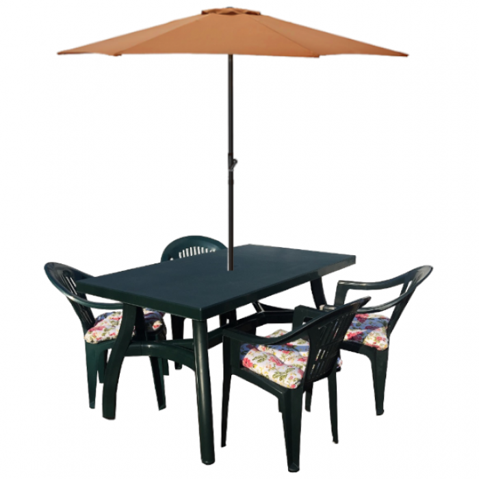 Set gradina CULINARO, masa 140x80xh73cm cu 4 scaune 53x45xh78cm plastic verde, umbrela soare orange D250cm, 4 perne scaun