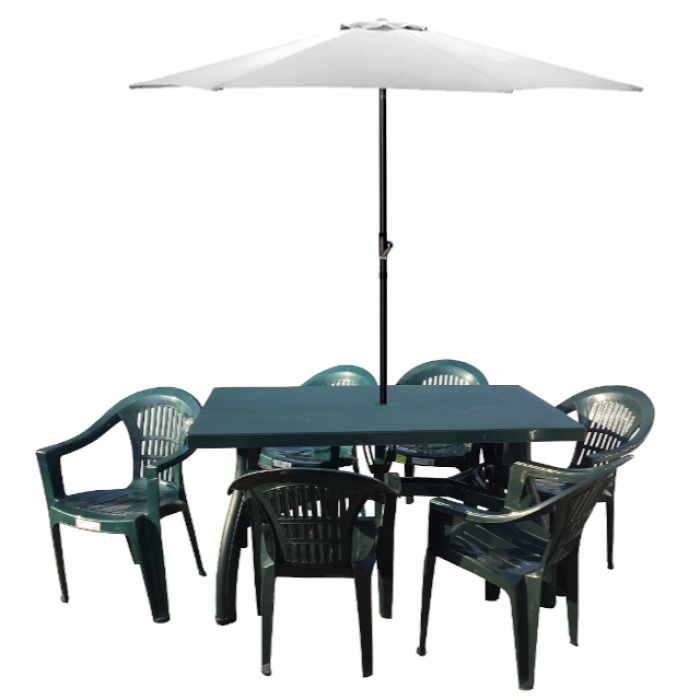 Set gradina CULINARO, masa 140x80xh73cm cu 6 scaune 53x45xh78cm plastic verde si umbrela soare alba D300cm