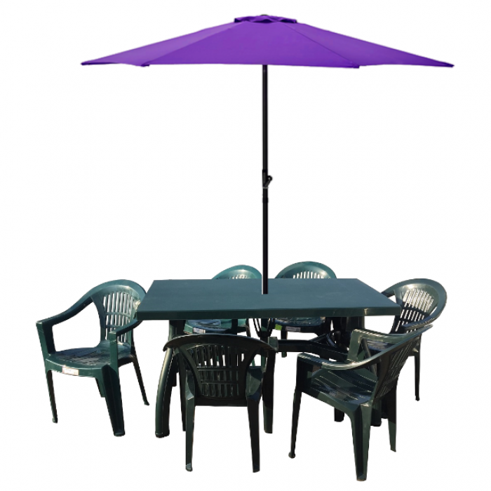 Set gradina CULINARO, masa 140x80xh73cm cu 6 scaune 53x45xh78cm plastic verde si umbrela soare mov D250cm