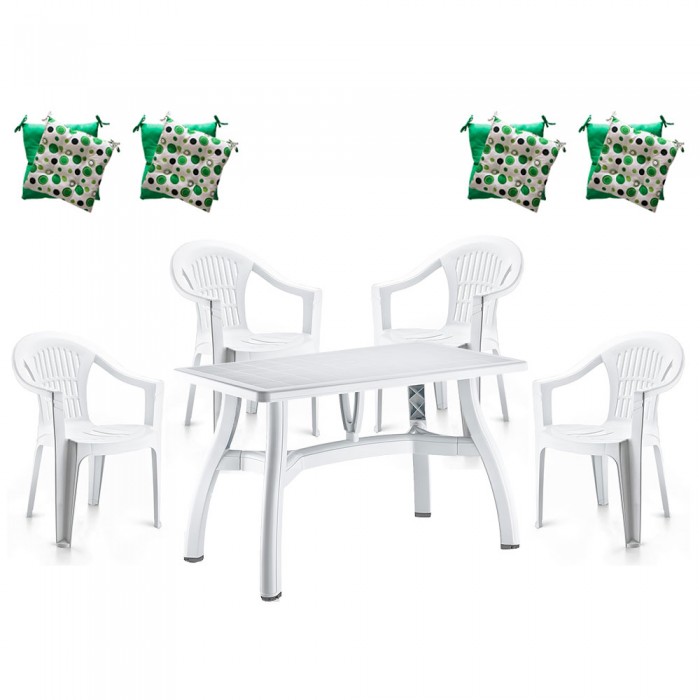 Set gradina RAKI, masa King 115x70xh73cm cu 4 scaune Carnaval 53x45xh78cm cu perne, plastic alb