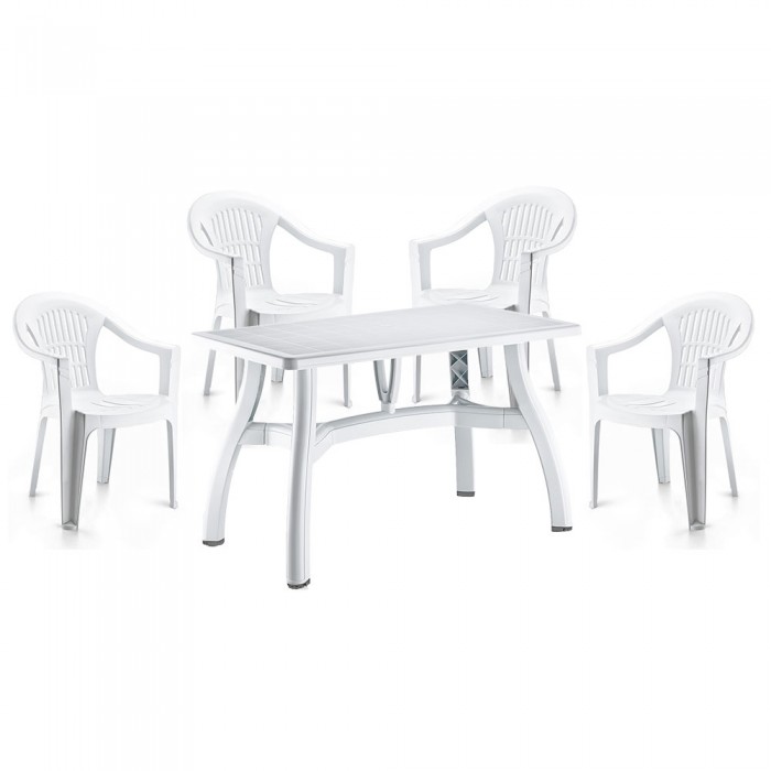 Set gradina RAKI, masa King 115x70xh73cm cu 4 scaune Carnaval 53x45xh78cm, plastic alb