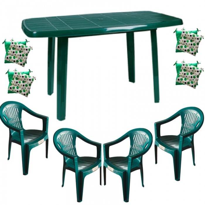 Set gradina RAKI, masa Mutum 140x80xh72cm si 4 scaune Carnaval 53x45xh78cm cu perne, plastic verde