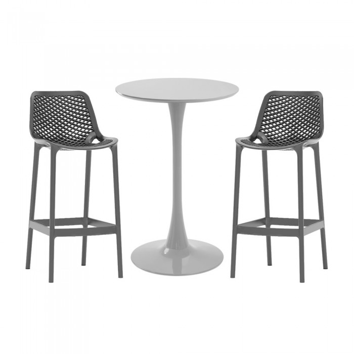 Set masa si scaune bar gri RAKI, 3 piese, masa rotunda D60xh110cm si 2 scaune polipropilena London Air 52x44xh105cm