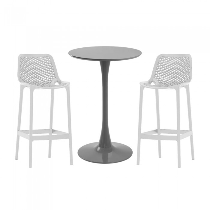 Set masa si scaune bar RAKI, 3 piese, masa rotunda gri D60xh110cm si 2 scaune polipropilena London Air albe 52x44xh105cm