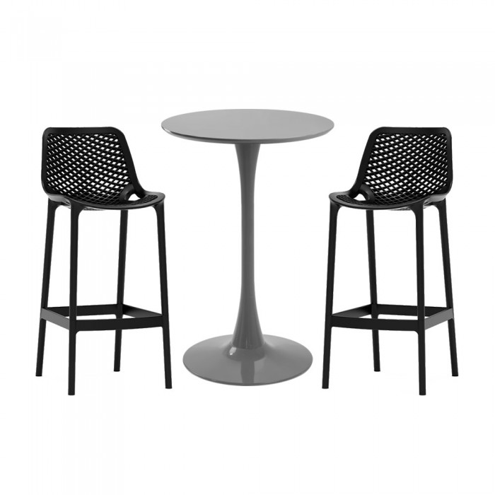 Set masa si scaune bar RAKI, 3 piese, masa rotunda gri D60xh110cm si 2 scaune polipropilena London Air negre 52x44xh105cm