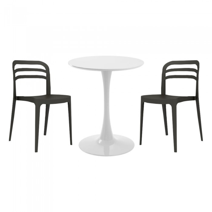 Set mobila bucatarie RAKI, masa rotunda alba D60xh76cm Nikko si 2 scaune polipropilena Aspen negre