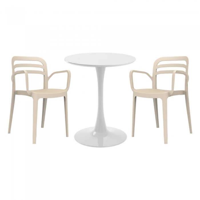 Set mobila bucatarie RAKI, masa rotunda alba D60xh76cm Nikko si 2 scaune polipropilena Aspendos bej