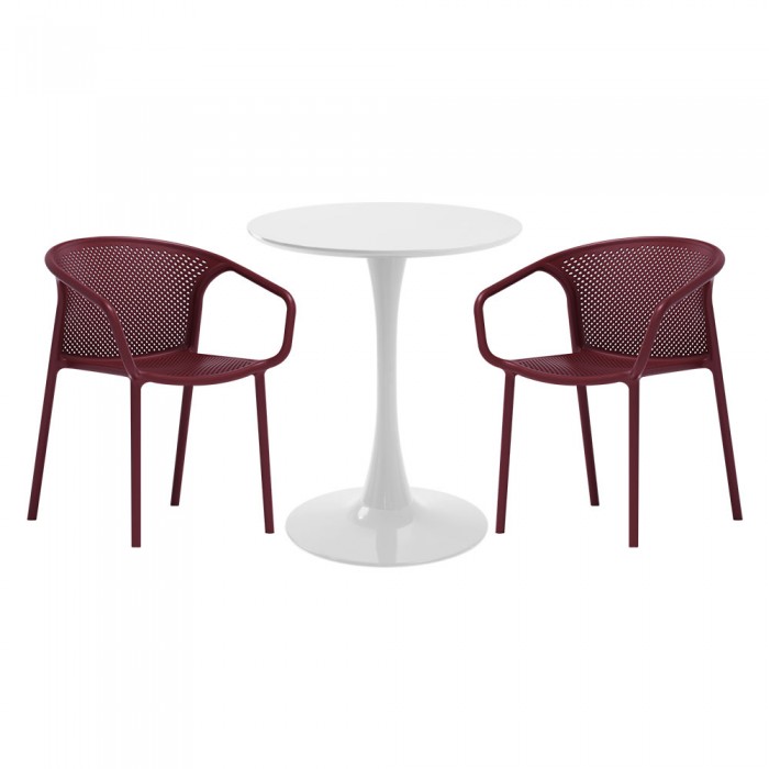 Set mobila bucatarie RAKI, masa rotunda alba D60xh76cm Nikko si 2 scaune polipropilena cu spatar rotunjit Chicago bordo