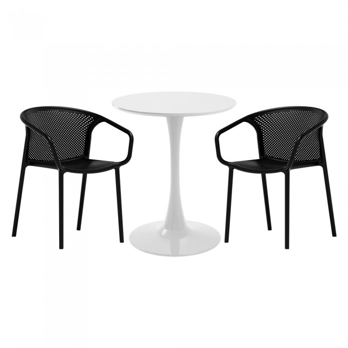 Set mobila bucatarie RAKI, masa rotunda alba D60xh76cm Nikko si 2 scaune polipropilena cu spatar rotunjit Chicago negre