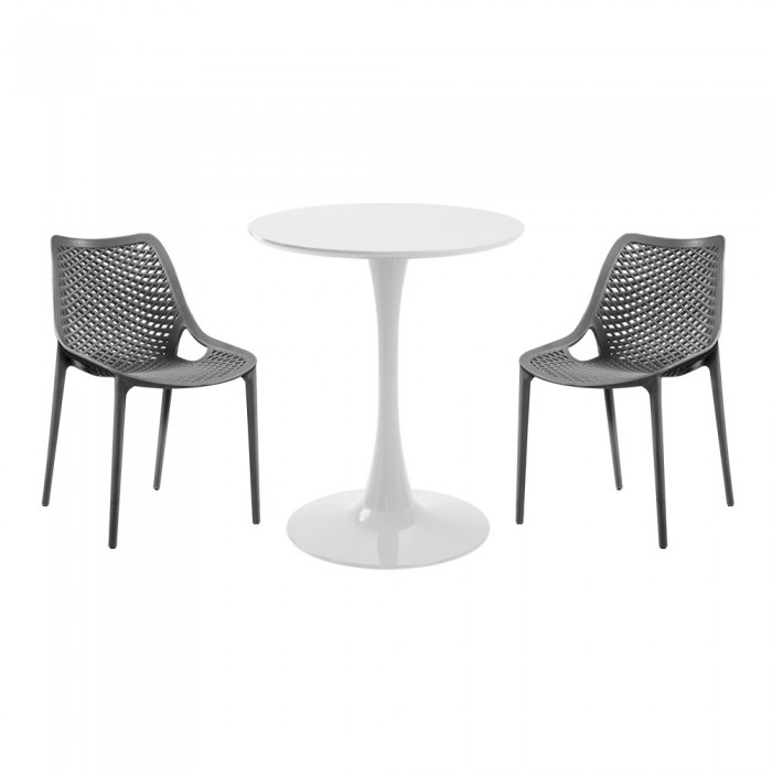 Set mobila bucatarie RAKI, masa rotunda alba D60xh76cm Nikko si 2 scaune polipropilena London Air gri