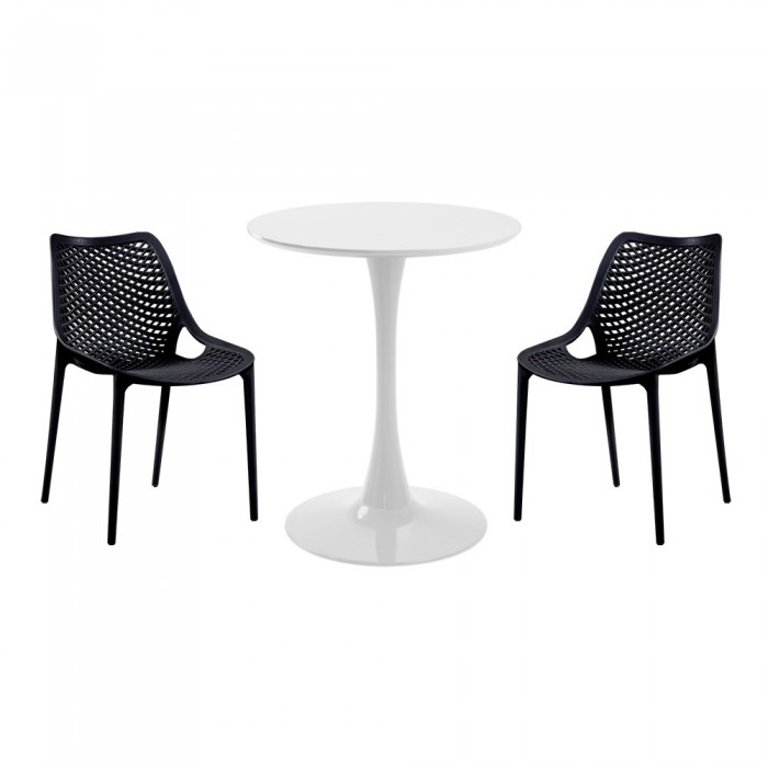 Set mobila bucatarie RAKI, masa rotunda alba D60xh76cm Nikko si 2 scaune polipropilena London Air negre