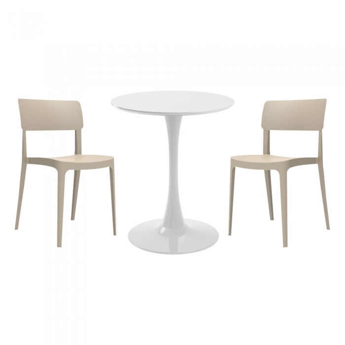 Set mobila bucatarie RAKI, masa rotunda alba D60xh76cm Nikko si 2 scaune polipropilena Pano bej