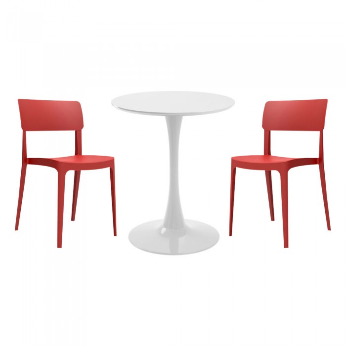 Set mobila bucatarie RAKI, masa rotunda alba D60xh76cm Nikko si 2 scaune polipropilena Pano rosii