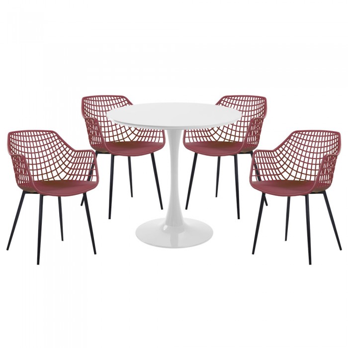 Set mobila bucatarie RAKI, masa rotunda alba D80xh76cm Nikko si 4 scaune polipropilena/picioare metalice Toyama mov/negru